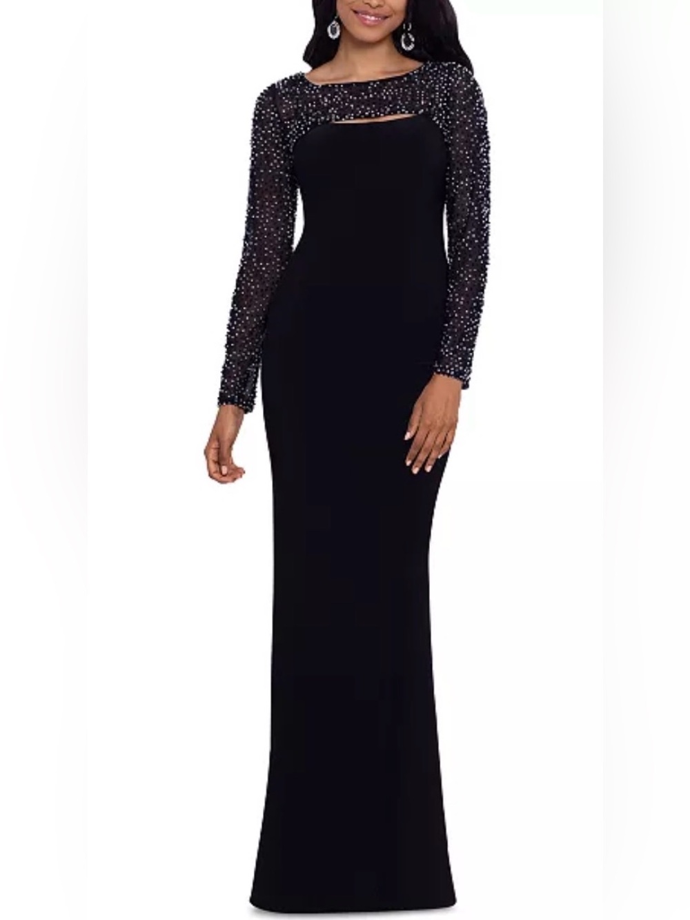 NWT Betsy & Adam Womens
Black Beaded Embellished
Cutout Long Sleeve Gown Sz 14 P